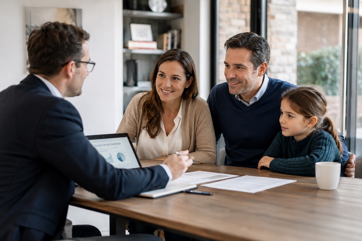 Financial advisor reviewing a plan with a couple and their daughter at their dining table